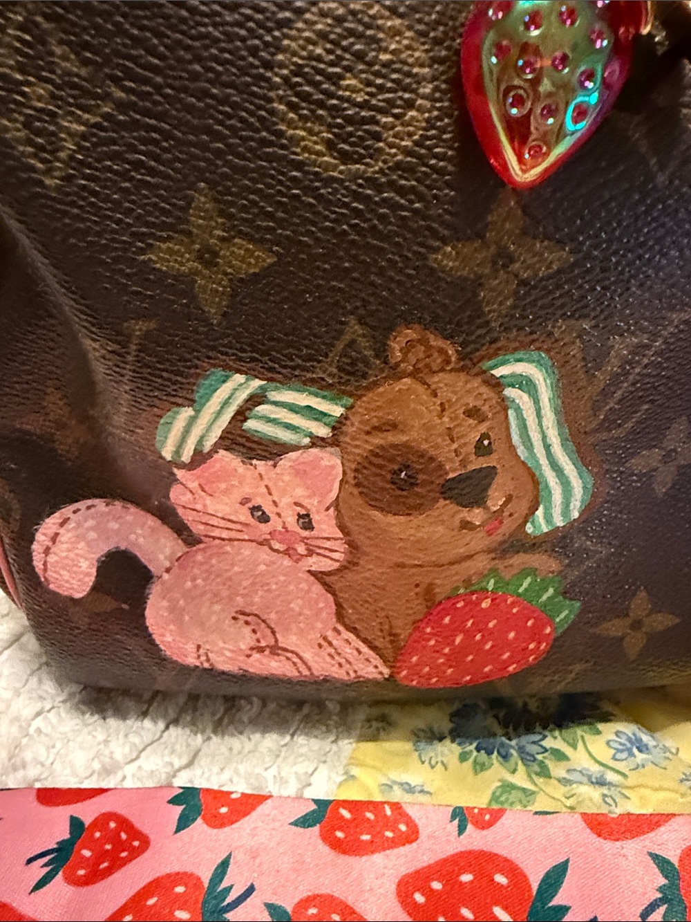 FAUX Louis Vuitton Brown Monogram Satchel with Pink Handles & Strawberry Strap - Picture 2 of 9